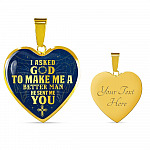 Gift to Her I Asked God to Make Me a Better Man He Sent Me You Cross Angel Wings Heart Pendant Necklace - Heart Luxury Necklace (Gold Plated)