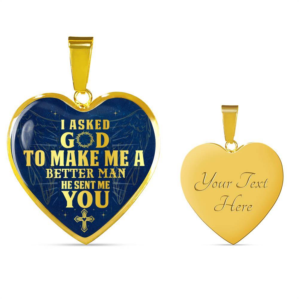 Gift to Her I Asked God to Make Me a Better Man He Sent Me You Cross Angel Wings Heart Pendant Necklace - Heart Luxury Necklace (Gold Plated)