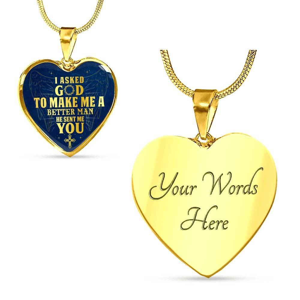Gift to Her I Asked God to Make Me a Better Man He Sent Me You Cross Angel Wings Heart Pendant Necklace - Heart Luxury Necklace (Gold Plated)
