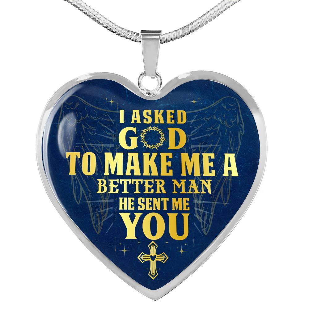 Gift to Her I Asked God to Make Me a Better Man He Sent Me You Cross Angel Wings Heart Pendant Necklace - Heart Luxury Necklace (Silver)