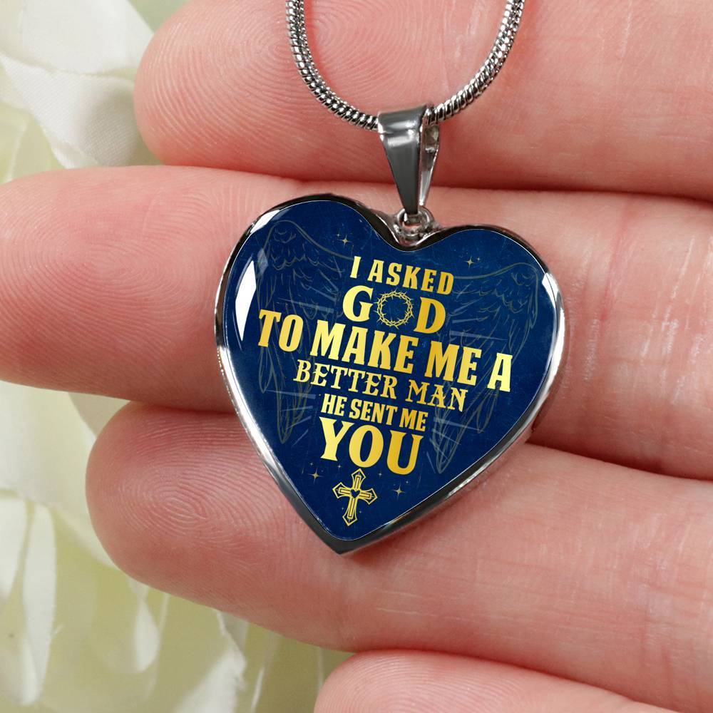 Gift to Her I Asked God to Make Me a Better Man He Sent Me You Cross Angel Wings Heart Pendant Necklace - Heart Luxury Necklace (Silver)