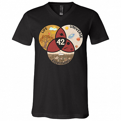 42 The Answer To Life Universe And Everything T-Shirt - V-neck - 42 Meaning Of Life Tee Shirt, Black, V-Neck T-Shirt