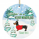 Personalized Walkin' In A Wiener Wonderland Funny Dachshund Dog Holiday Christmas Circle Ornament Keepsake, White, Circle Ornament