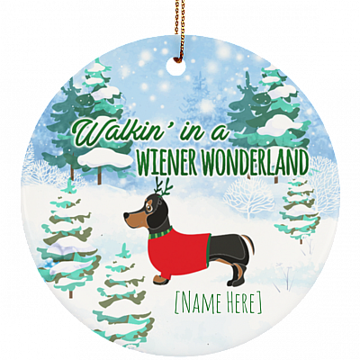 Personalized Walkin' In A Wiener Wonderland Funny Dachshund Dog Holiday Christmas Circle Ornament Keepsake, White, Circle Ornament