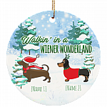 Personalized Walkin' In A Wiener Wonderland Funny Two Dachshunds Holiday Christmas Circle Ornament Keepsake, White, Circle Ornament