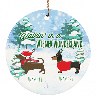 Personalized Walkin' In A Wiener Wonderland Funny Two Dachshunds Holiday Christmas Circle Ornament Keepsake, White, Circle Ornament