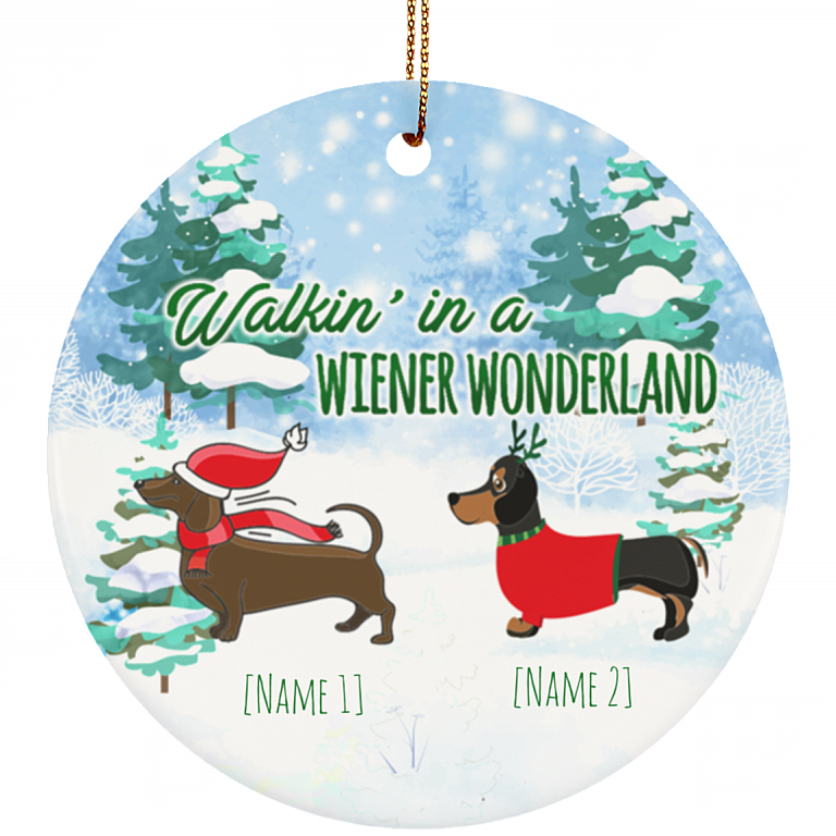 Personalized Walkin' In A Wiener Wonderland Funny Two Dachshunds Holiday Christmas Circle Ornament Keepsake, White, Circle Ornament