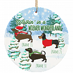 Personalized Walkin' In A Wiener Wonderland Funny Three Dachshunds Holiday Christmas Circle Ornament Keepsake, White, Circle Ornament