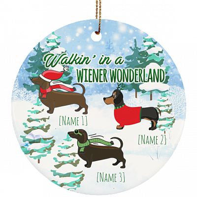 Personalized Walkin' In A Wiener Wonderland Funny Three Dachshunds Holiday Christmas Circle Ornament Keepsake, White, Circle Ornament