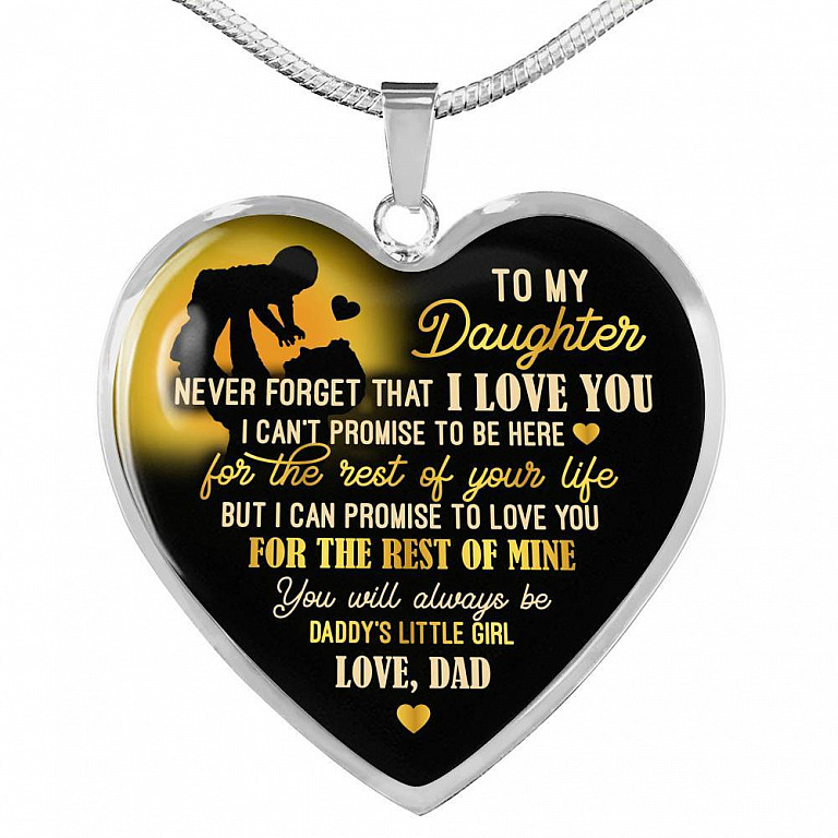 From Dad To My Daughter Saying Necklace - Never Forget I Love You Daddy's Little Girl Heart Pendant Necklace - Heart Luxury Necklace (Silver)
