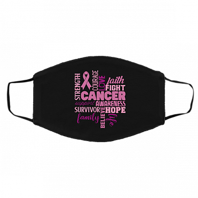 Strength Courage Breast Cancer Washable Reusable Custom – Breast Cancer Warrior Printed Cloth Face Mask Cover, Black, Cloth Face Cover – Medium/Large