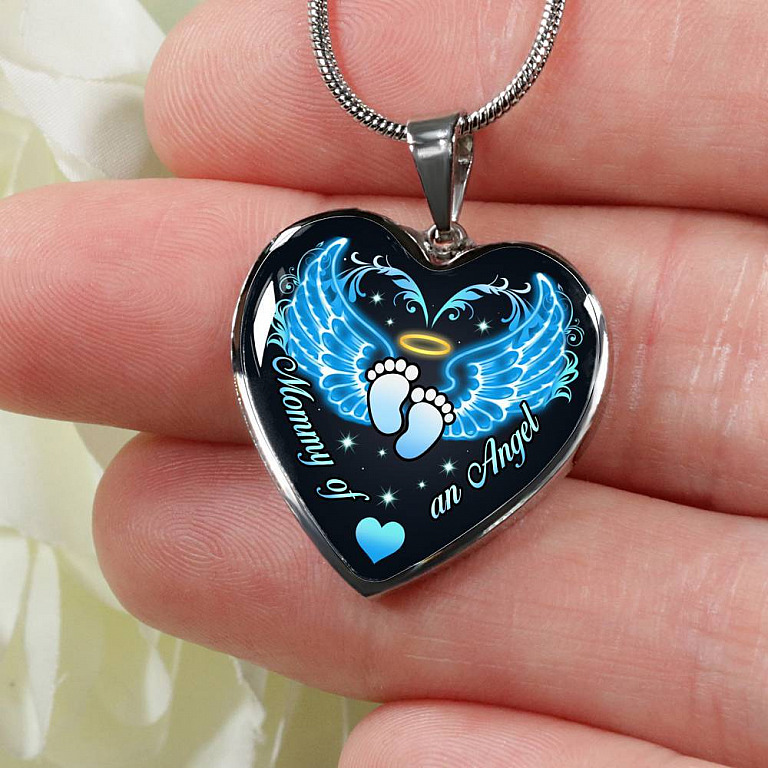 Mommy Of An Angel Boy Infant Child Loss Memorial Heart Pendant Necklace - Sympathy Gift For Pregnancy Loss - Heart Luxury Necklace (Silver)