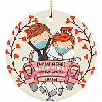Bride And Groom With Masks Personalized Quarantine Wedding Christmas Circle Ornament Newlywed Couple Ornament, White, Circle Ornament
