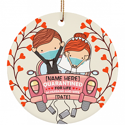 Bride And Groom With Masks Personalized Quarantine Wedding Christmas Circle Ornament Newlywed Couple Ornament, White, Circle Ornament