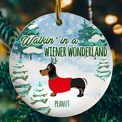 Alternative view of Personalized Walkin' In A Wiener Wonderland Funny Dachshund Dog Holiday Christmas Circle Ornament Keepsake