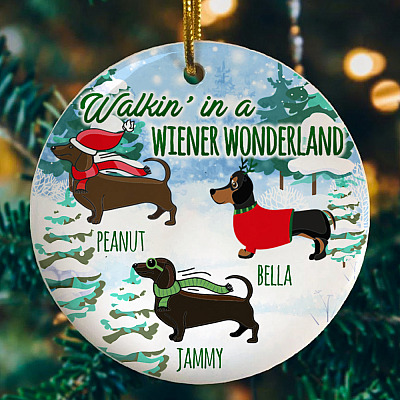 Alternative view of Personalized Walkin' In A Wiener Wonderland Funny Three Dachshunds Holiday Christmas Circle Ornament Keepsake
