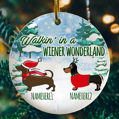 Alternative view of Personalized Walkin' In A Wiener Wonderland Funny Two Dachshunds Holiday Christmas Circle Ornament Keepsake
