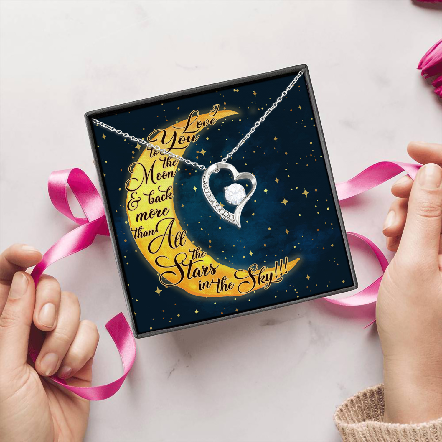 5HP. Love You To The Moon message Card Forever Love Necklace (Silver) 5