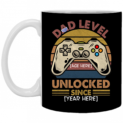 Personalized Dad Level Unlocked Funny Dad Birthday Gifts Ceramic Coffee Mug, Black, 11 oz. White Mug