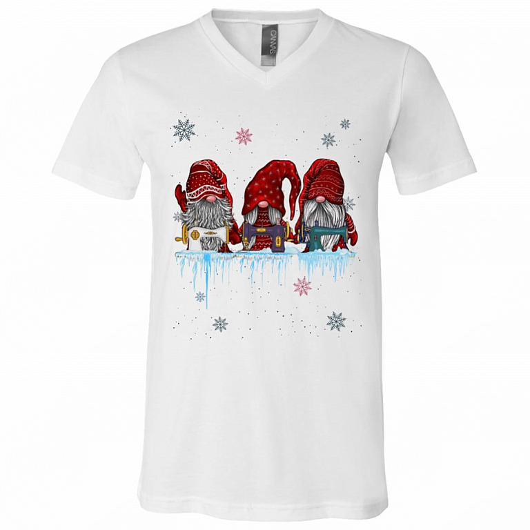 Gnomes Quilting Lovers For Christmas Light T-Shirt - V-Neck - Three Nordic Gnomes Winter Swedish Elves Shirt, White, V-Neck T-Shirt