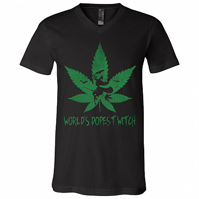 World's Dopest Witch Cannabis Weed Girl Halloween T-Shirt - V-Neck - Funny 420 Halloween Shirt For Women, Black, V-Neck T-Shirt