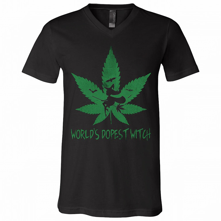 World's Dopest Witch Cannabis Weed Girl Halloween T-Shirt - V-Neck - Funny 420 Halloween Shirt For Women, Black, V-Neck T-Shirt