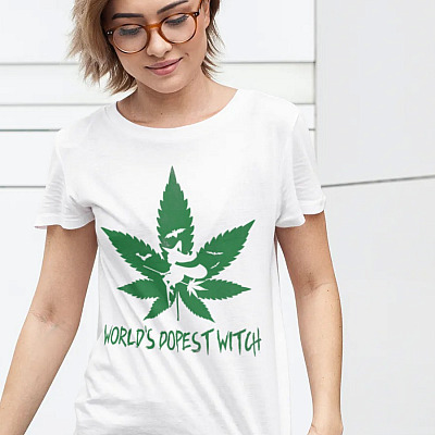 Alternative view of World's Dopest Witch Cannabis Weed Girl Halloween T-Shirt - V-Neck - Funny 420 Halloween Shirt For Women
