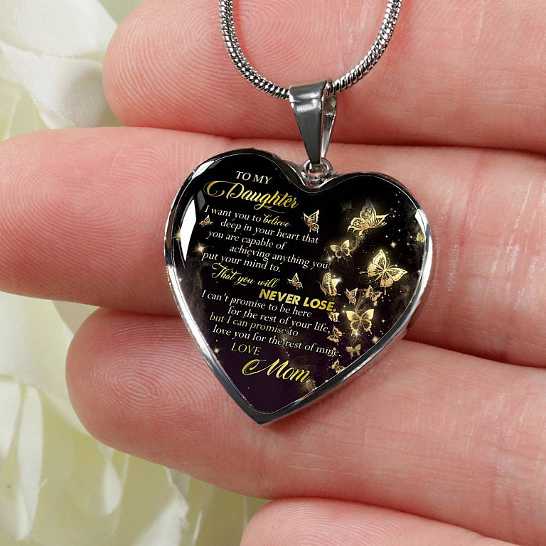 Butterfly To My Daughter I Want You To Believe Deep In Your Heart Love Mom Heart Pendant Necklace - Heart Luxury Necklace (Silver)