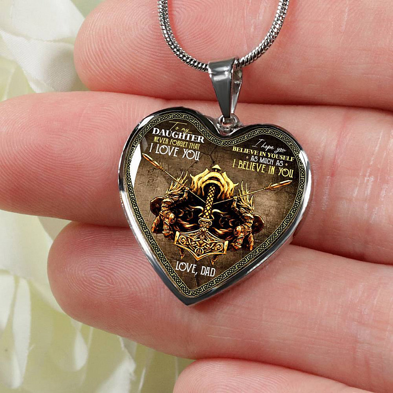Viking Dad To Daughter Saying Gift Necklace - Viking Father Never Forget I Love You Heart Pendant Necklace - Heart Luxury Necklace (Silver)