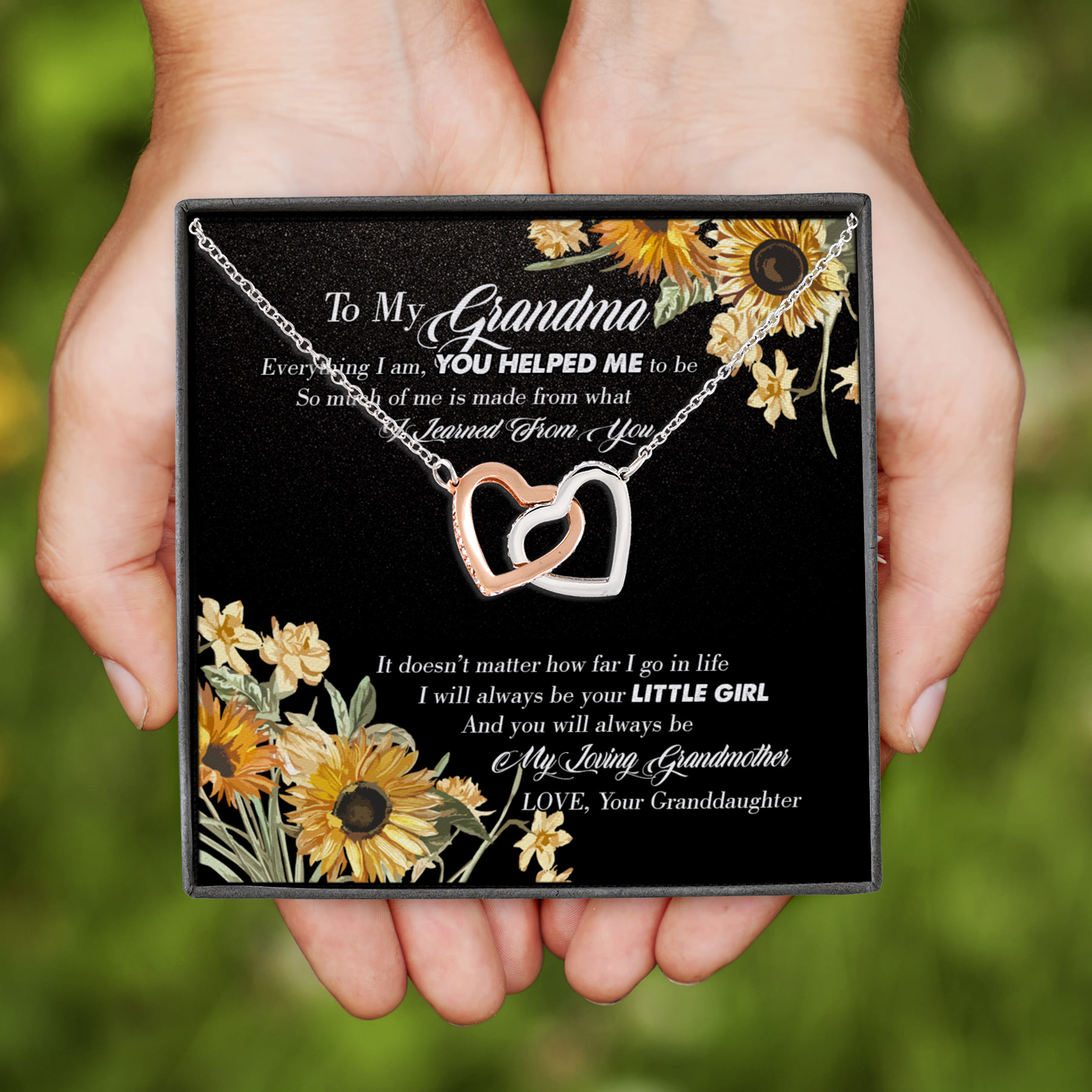 11Th. Everything I Am Grandma message card Interlocking Hearts Necklace