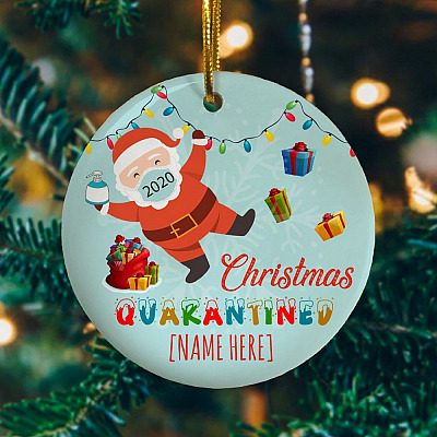 Alternative view of Personalized Santa Wearing Mask Christmas Circle Ornament - Holiday Decoration Gift
