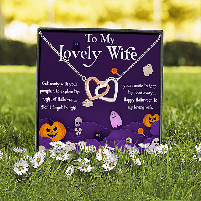 Alternative view of Halloween To My Lovely Wife Get Ready With Your Pumpkin Joined Interlocking Hearts Pendant Necklace