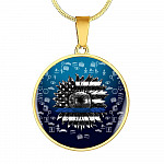 Sunflower Thin Blue Line American Flag Circle Pendant Necklace - Circle Luxury Necklace (Gold Plated)