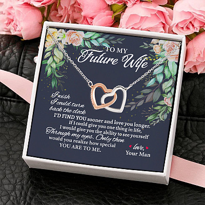 Alternative view of To My Future Wife I Wish I Could Turn Back The Clock Joined Interlocking Hearts Pendant Necklace