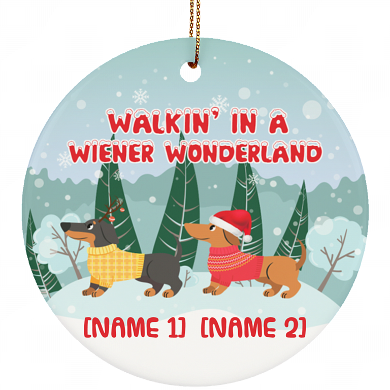 Personalized Walkin' In A Wiener Wonderland Two Dachshunds Wiener Dog Christmas Circle Ornament Keepsake, White, Circle Ornament