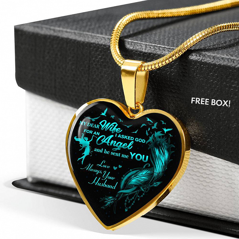 Husband To My Dear Wife Saying Gift Necklace - I Asked God For An Angel Wife Heart Pendant Necklace - Heart Luxury Necklace (Gold Plated)