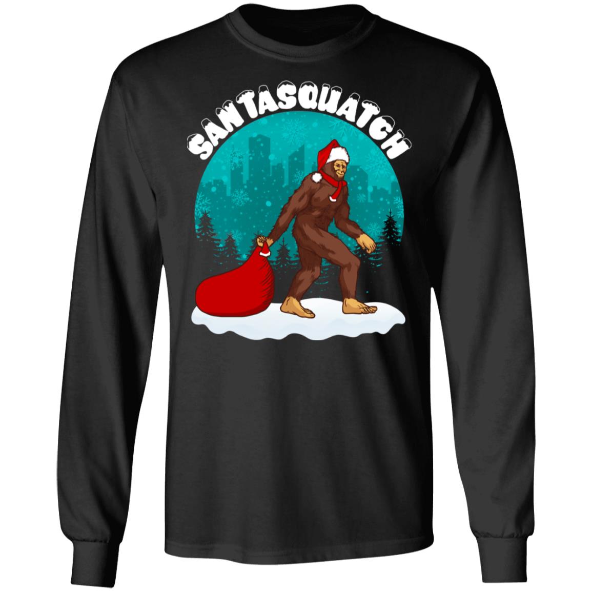 Santa Bigfoot Santasquatch Christmas Coming Hoodie Sweatshirt - Believe Bigfoot Believers Winter T-Shirt, Black, Long Sleeve