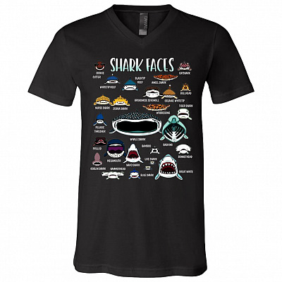 Love Shark Faces Cute Funny T-Shirt - V-Neck Shirt - Shark Lovers Gifts, Black, V-Neck T-Shirt