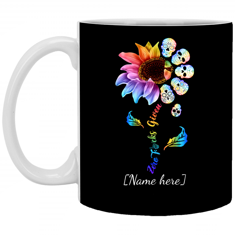 Personalized Zero Fuck Given Sunflower Skull Mandala Ceramic Coffee Mug - Beer Stein - Water Bottle, Black, 11 oz. White Mug