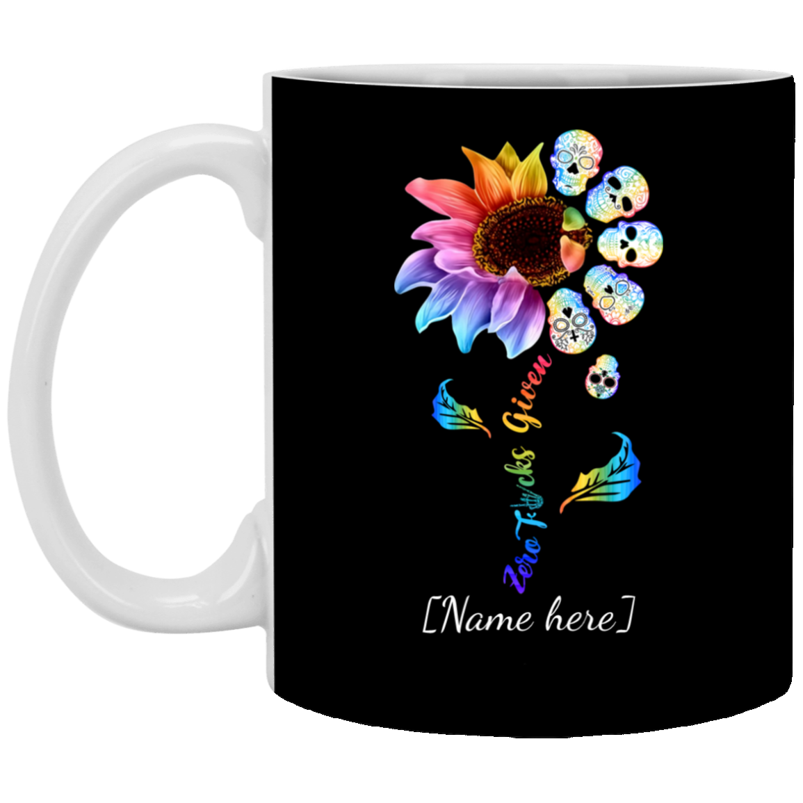 Personalized Zero Fuck Given Sunflower Skull Mandala Ceramic Coffee Mug - Beer Stein - Water Bottle, Black, 11 oz. White Mug Personalized Zero Fuck Given Sunflower Skull Mandala Ceramic Coffee Mug - Beer Stein - Water Bottle, Black, 11 oz. White Mug
