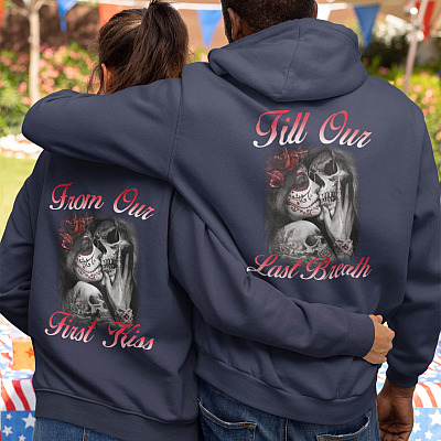 Alternative view of Till Our Last Breath From Our First Kiss Matching Couple Skull Print On Back Hoodie - Sweatshirt- Long Sleeve