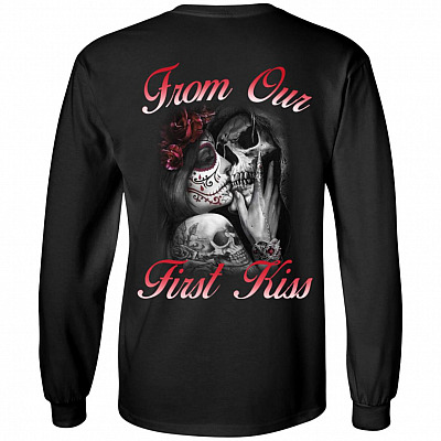 From Our First Kiss Till Our Last Breath Matching Couple Skull Print On Back Hoodie - Sweatshirt- Long Sleeve, Black, Long Sleeve