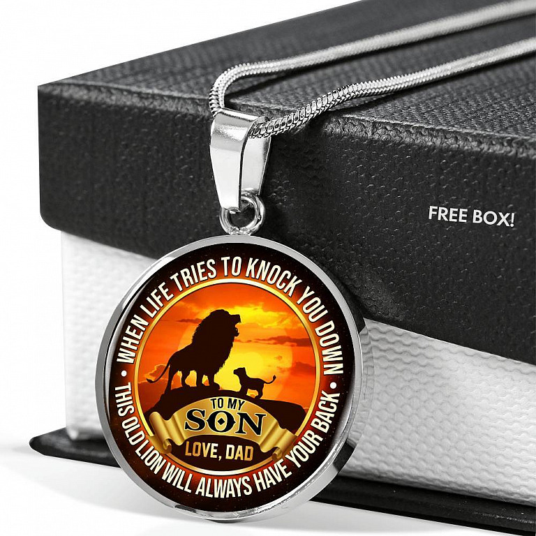From Dad To My Son Lion Quote Necklace - This Old Lion Have Your Back Saying Lion Son Circle Pendant Necklace - Circle Luxury Necklace (Silver)
