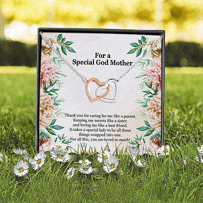 For a Special Godmother Thank You for Caring for Me Like a Parent Keeping My Secrets Like a Sister Interlocking Hearts Pendant Necklace