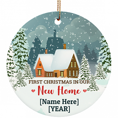 Personalized First Christmas In Our New Home New Couple Married Mr & Ms Holiday Decoration Circle Ornament, White, subornc-circle-ornament