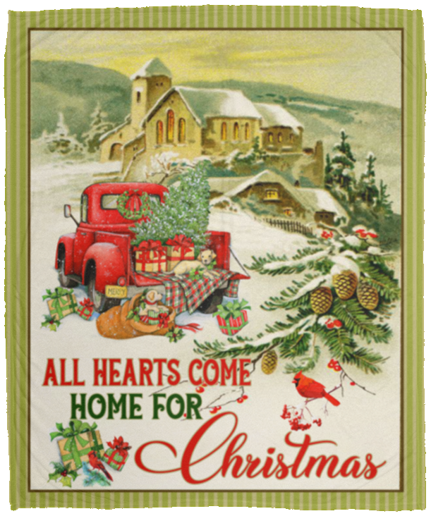 Red Trucks All Hearts Come Home For Christmas Fleece Blanket - Premium Mink Blanket - Woven Blanket, White, Cozy Plush Fleece Blanket - 50x60