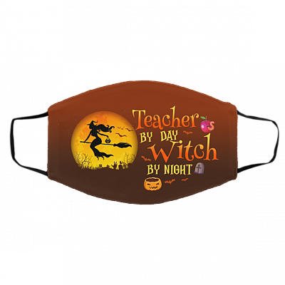 Teacher By Day Witch By Night Halloween Washable Reusable Custom - Printed Cloth Face Mask Cover, White, Cloth Face Cover – Medium/Large
