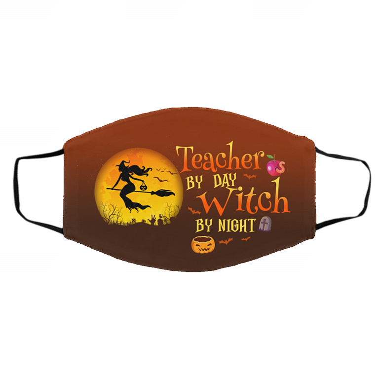 Teacher By Day Witch By Night Halloween Washable Reusable Custom - Printed Cloth Face Mask Cover, White, Cloth Face Cover – Medium/Large