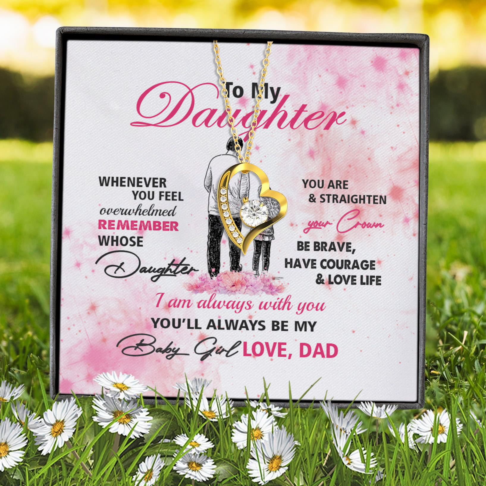3BN. To My Daughter Pink Message Card Forever Love Necklace (Gold) 7