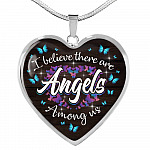 Butterfly I Believe There Are Angel Among Us Heart Pendant Necklace - Memorial Gifts For Loss Of Loved One - Heart Luxury Necklace (Silver)